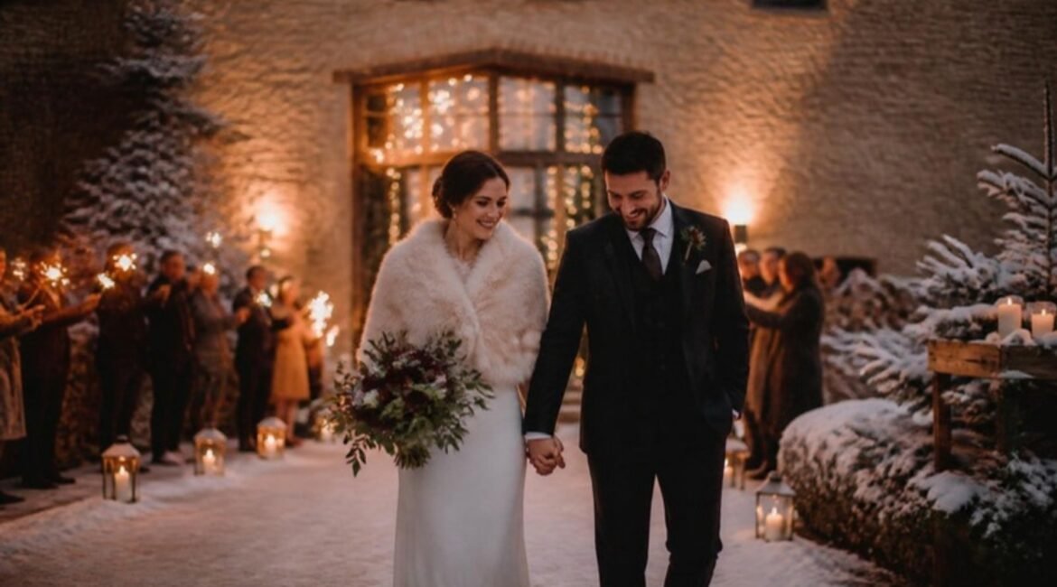 Mariés sortant d'une grange sous la neige lors d'un mariage d'hiver en Moselle